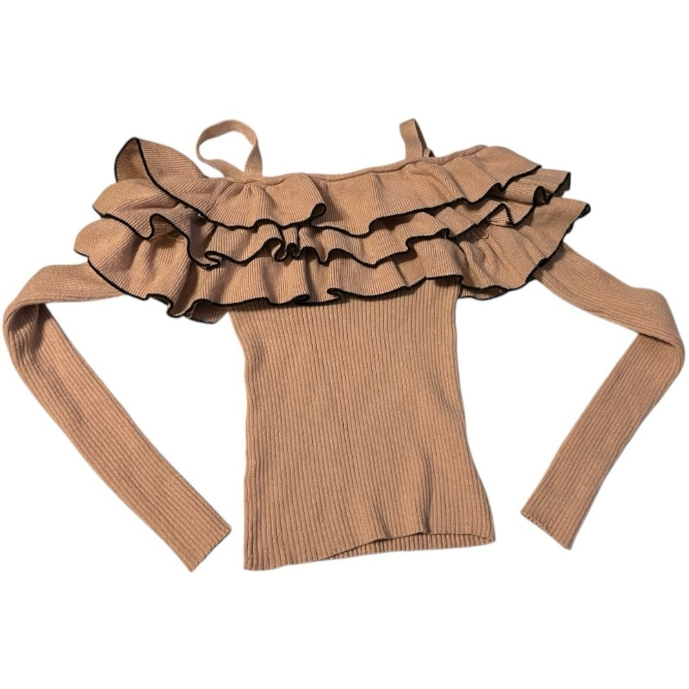 Off shoulder three tier ruffle chest long sleeve ribbed sweater shoulder straps. - Picture 3 of 7